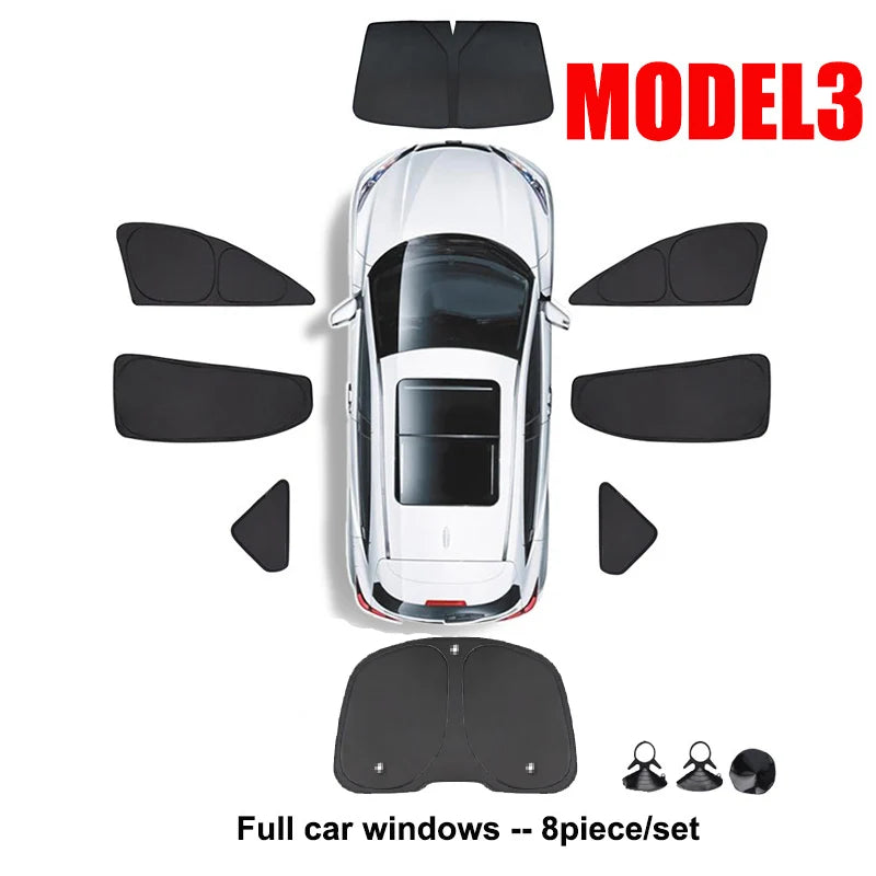 Privacy Sun Shades for Tesla Model 3 2019-2026 Including Highland, Oxford Cloth Windshield and Side Window Shades, 1 to 8 Pieces