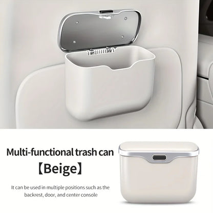 Hanging Car Trash Can with Push Lid, PU Leather Wet and Dry Garbage Bin and Storage Box, Black or Beige