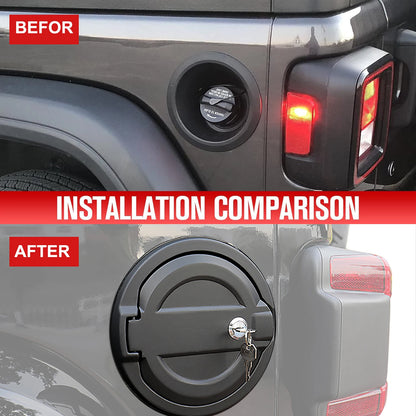 Locking Fuel Door with Key for Jeep Wrangler 2018-2023 (JL), Black Aluminum Alloy and ABS Gas Tank Cover