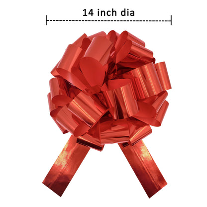 14 Inch Red Pull String Gift Bow for Cars, Bikes and Big Presents, Waterproof Metallic Ribbon for Christmas, Birthdays and Weddings
