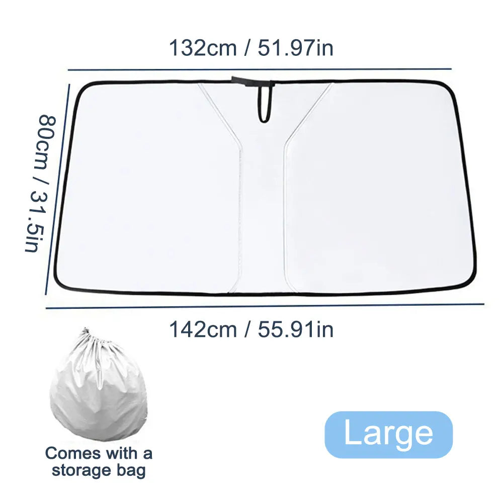 Large windshield sun shade size: 52 in top, 55.9 in bottom, 31.5 in high