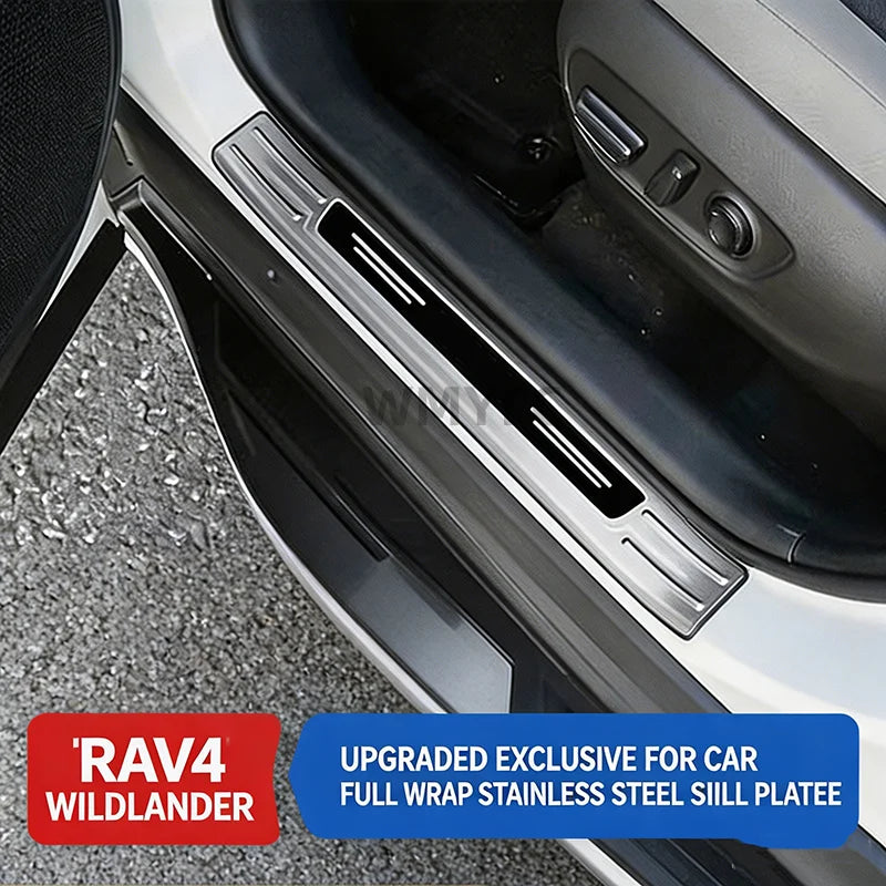 Door Sill Scuff Plates with Logo for Toyota RAV4 2019-2025, Self-Adhesive Stainless Steel Entry Guards, Designs A and B