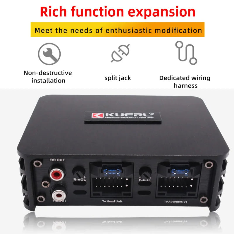 4-channel car amplifier with plug-in harness for non-destructive installation