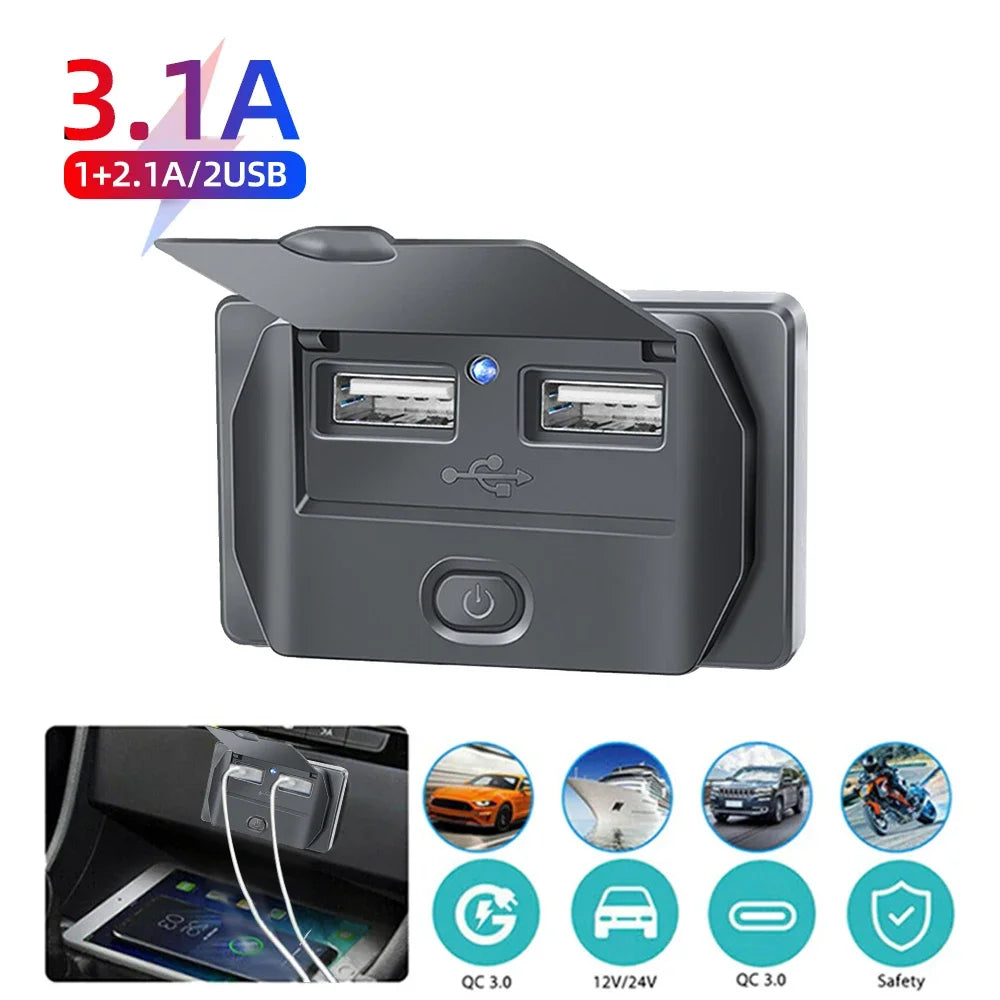 12V/24V USB Charger Socket Panel with Switch, Surface Mount Car Outlet with USB-C PD and QC3.0 Ports, for Cars, RVs, Boats and Trucks