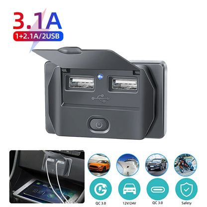12V/24V USB Charger Socket Panel with Switch, Surface Mount Car Outlet with USB-C PD and QC3.0 Ports, for Cars, RVs, Boats and Trucks