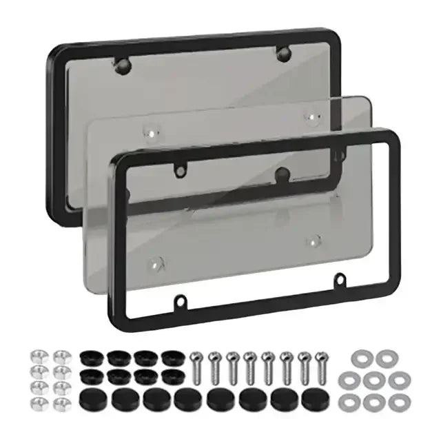 Two black license plate frames with light smoke covers and screw kit