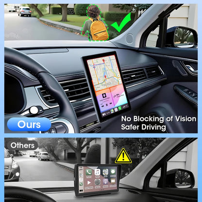 Screen mounted low on the dashboard for a clear view of the road