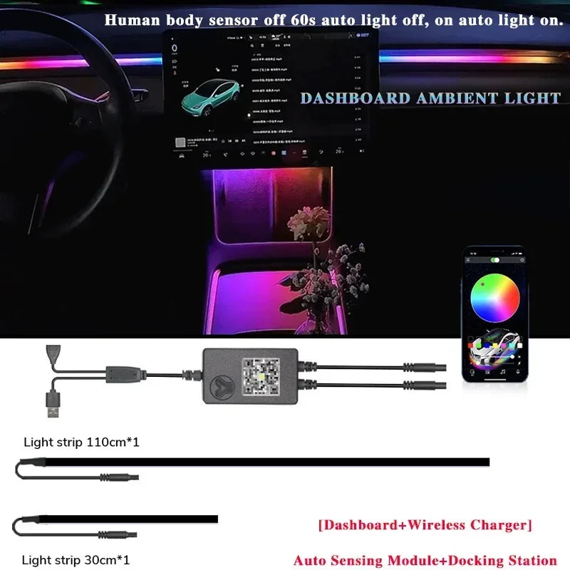 Dashboard Ambient Light Kit for Tesla Model 3 and Model Y, RGB Fiber Optic Strips with App Control and Music Sync, Optional 4 Footwell Lights