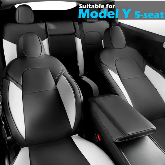 PU Leather Seat Covers for Tesla Model Y 2020-2024, 5-Seat Full Set with Headrest Covers and Front Seat Pockets