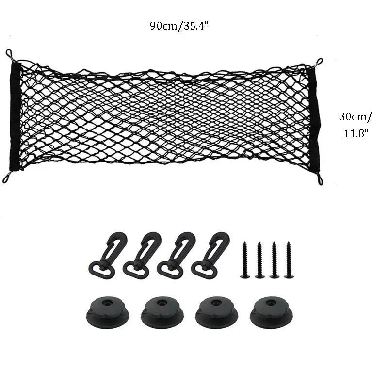 Elastic Nylon Mesh Trunk Cargo Net with 4 Plastic Hooks, Car Trunk Organizer for Loose Items, 3 Sizes from 35 x 12 to 43 x 16 Inch