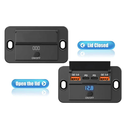 12V/24V USB Charger Socket Panel with Switch, Surface Mount Car Outlet with USB-C PD and QC3.0 Ports, for Cars, RVs, Boats and Trucks