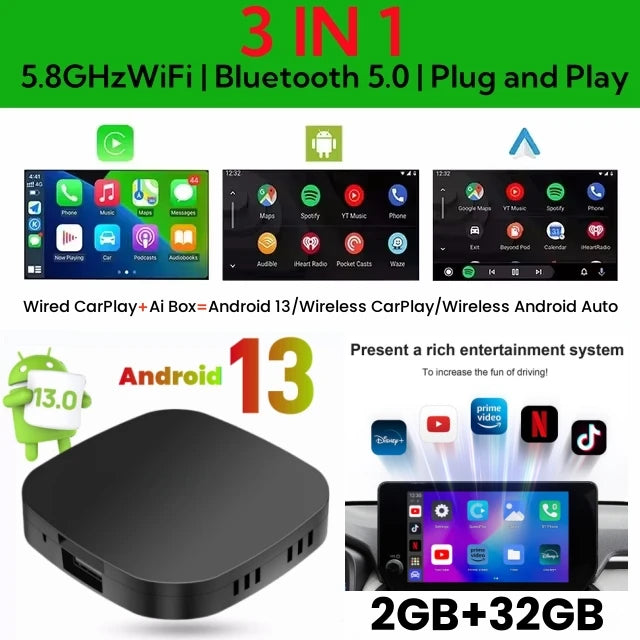 CarPlay AI Box with Android 13, Wireless CarPlay and Android Auto for Cars with Factory Wired CarPlay, 2GB RAM, 16GB or 32GB