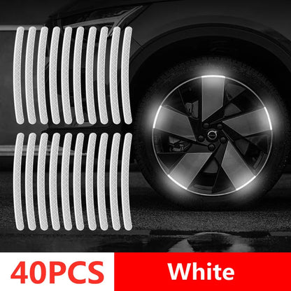 40 white reflective wheel rim strips and a wheel with them applied