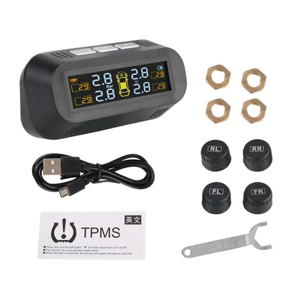 Solar Tire Pressure Monitoring System, Wireless TPMS with 4 External Sensors, Real-Time Pressure and Temperature, PSI or Bar, 15 Styles