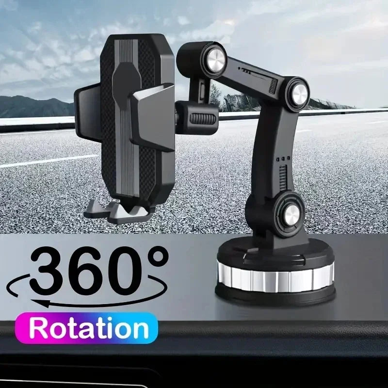Phone mount on a dashboard with a 360-degree rotating cradle