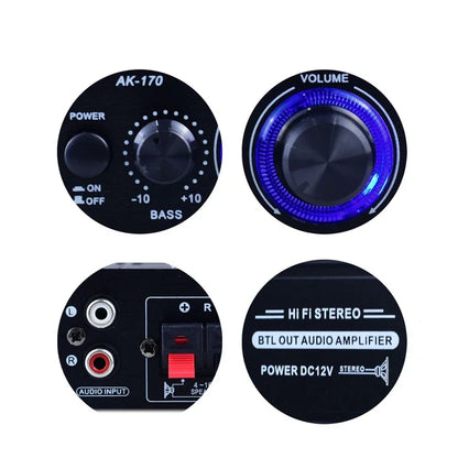 Close-up of the amplifier knobs and the rear speaker and power connections
