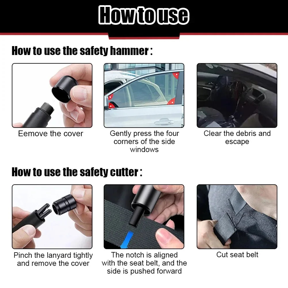 2 in 1 Car Safety Hammer with Seat Belt Cutter, Tungsten Steel Window Breaker and Emergency Escape Tool, 2 Styles, Red or Black