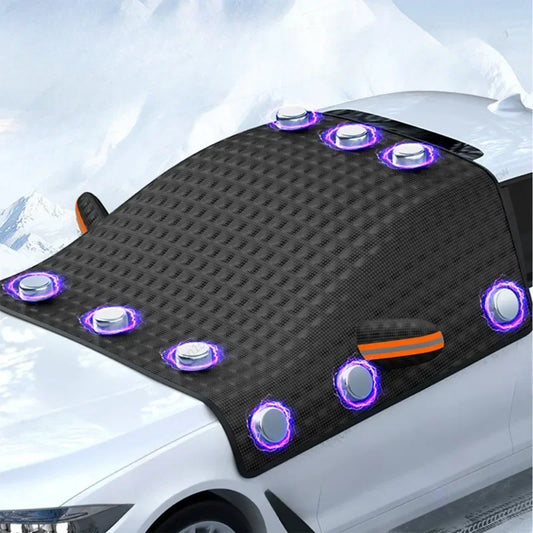 Windshield snow cover with 12 magnets fitted on a car