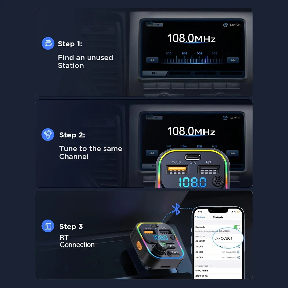 Bluetooth 5.3 FM Transmitter for Car, Hands-Free Calling, 20W USB-C PD and QC3.0 Fast Charging, USB Music Playback, Ambient Light