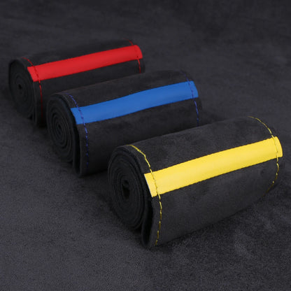 Faux suede covers with red, blue and yellow center stripes