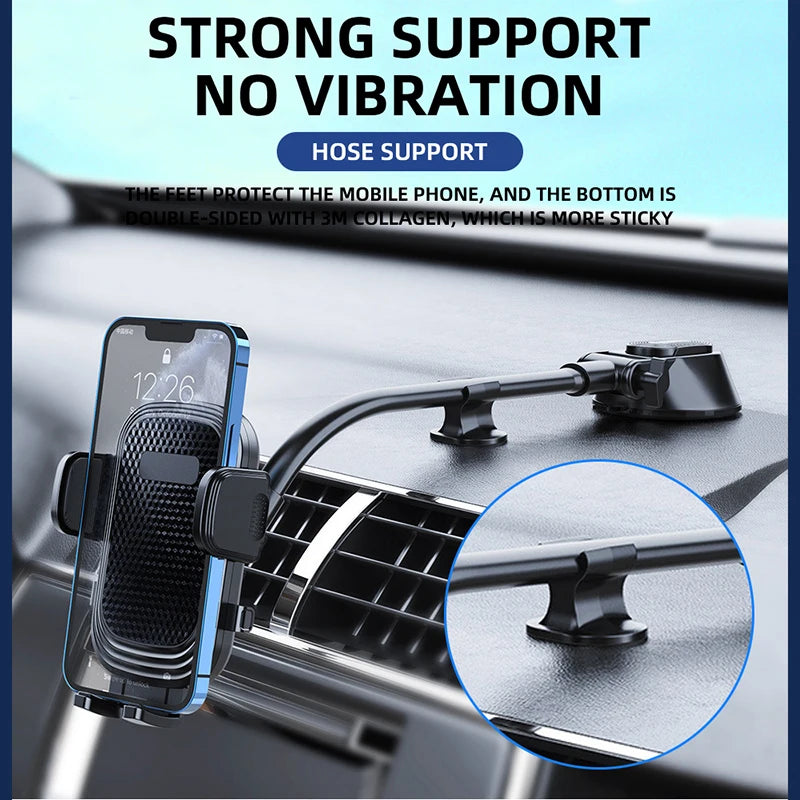Flexible-arm phone mount holding a phone near the dashboard
