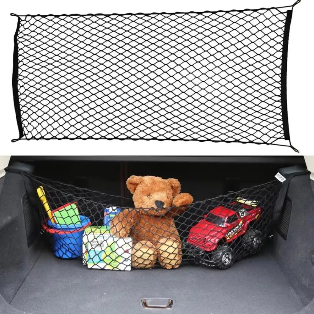 Cargo net holding toys in a car trunk