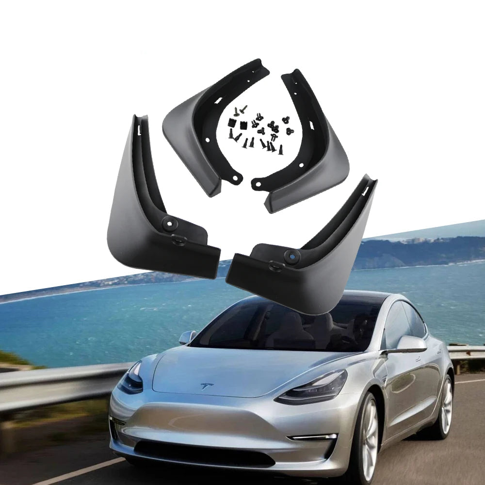 Set of 4 mud flaps with hardware, shown with a Tesla Model 3