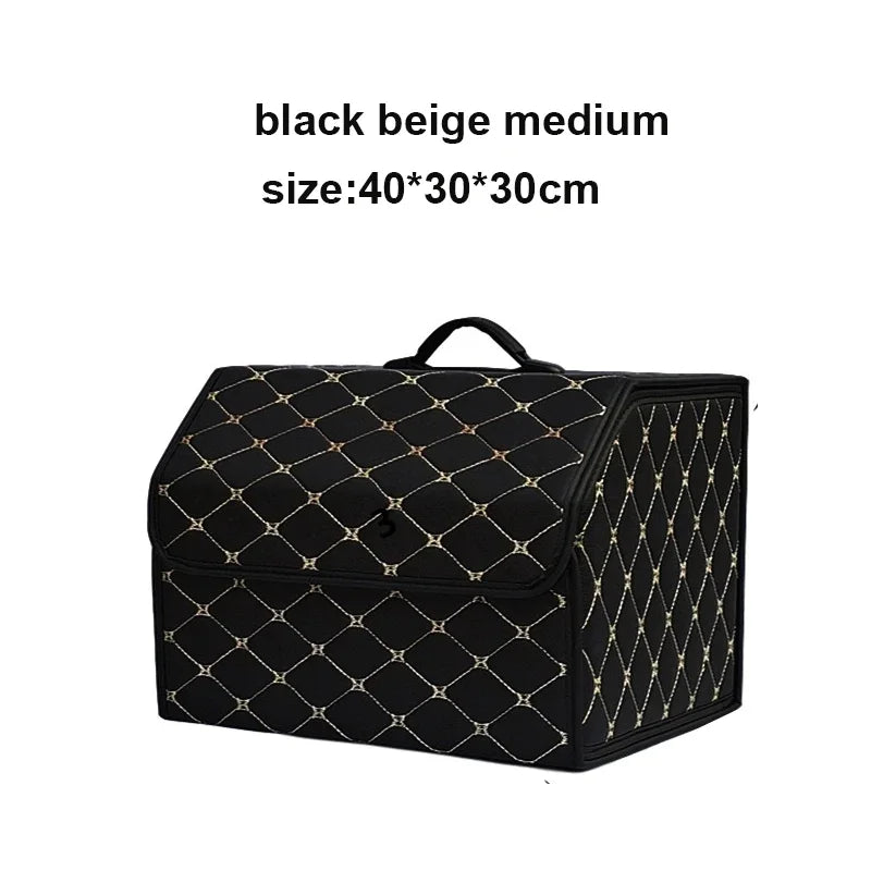 Black trunk organizer with beige stitching, medium