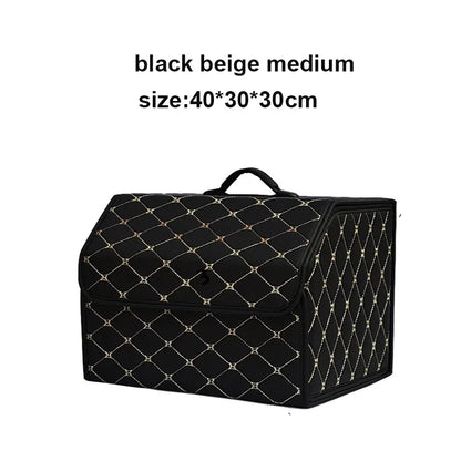 Black trunk organizer with beige stitching, medium