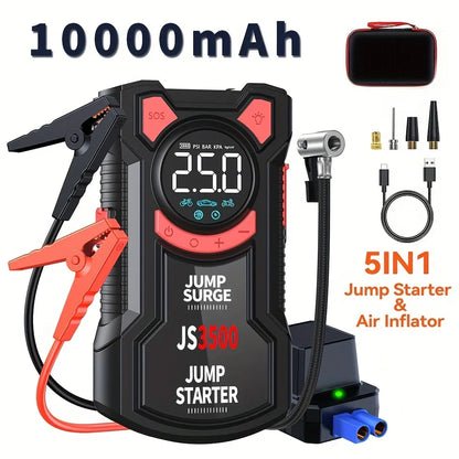 5-in-1 jump starter with air compressor, 10,000 mAh version, with clamps, air hose, nozzles, cable and storage case