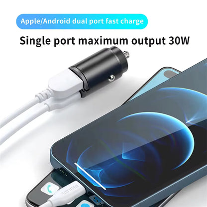 Mini Aluminum Car Charger, USB-C and USB Fast Charging up to 30W, Charges 2 Devices, Fits 12V and 24V Sockets