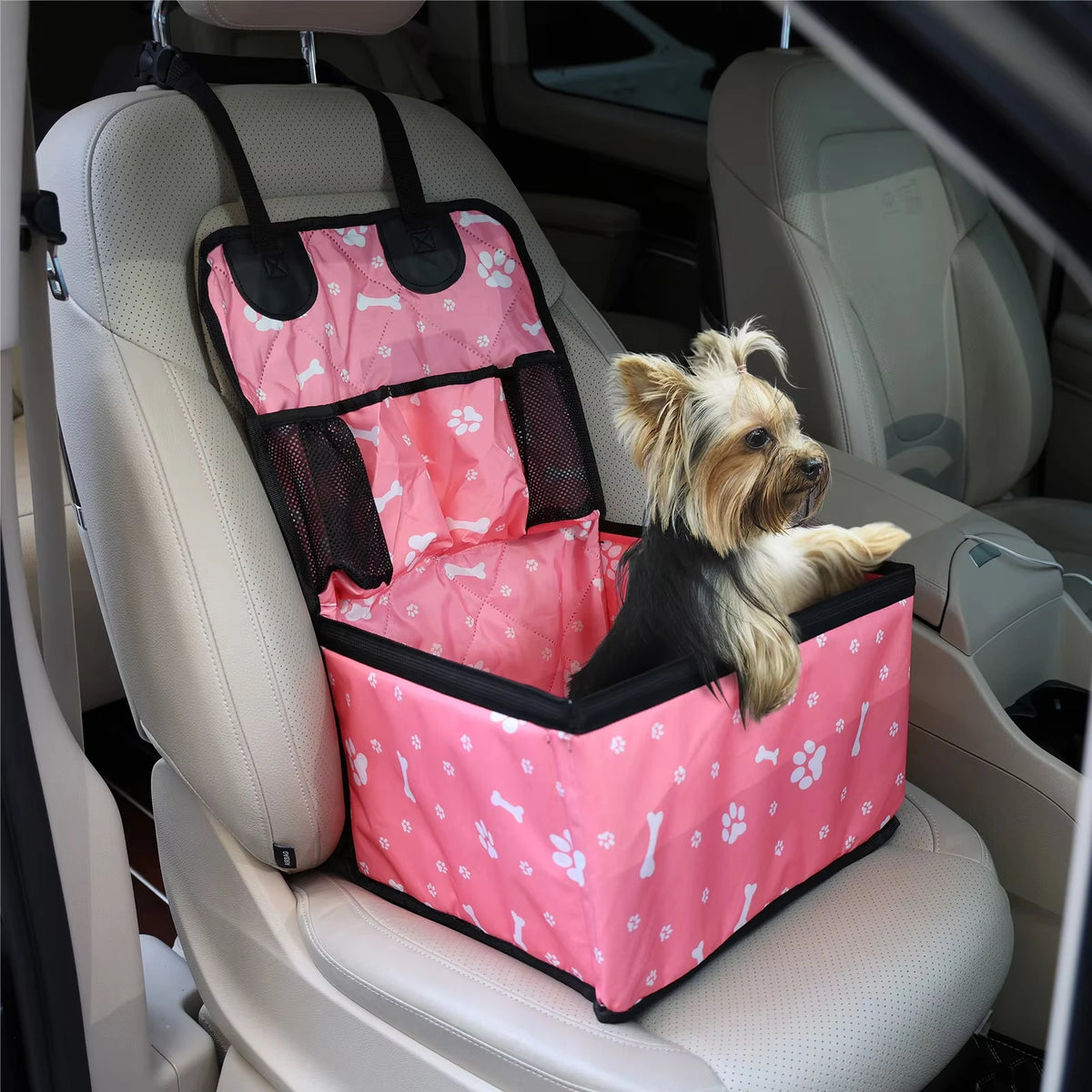 Foldable Dog Car Seat with Storage Pocket, Polyester Pet Travel Seat for Small and Medium Dogs, Black or Pink