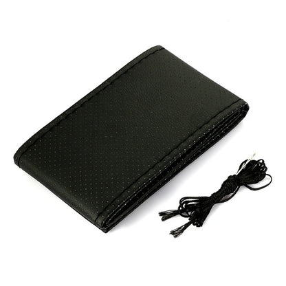 Black faux leather steering wheel cover with black thread