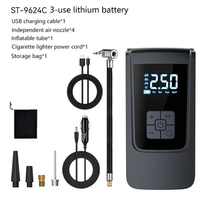 Tire inflator with 12V car cord, USB cable, air hose, nozzle adapters and storage bag