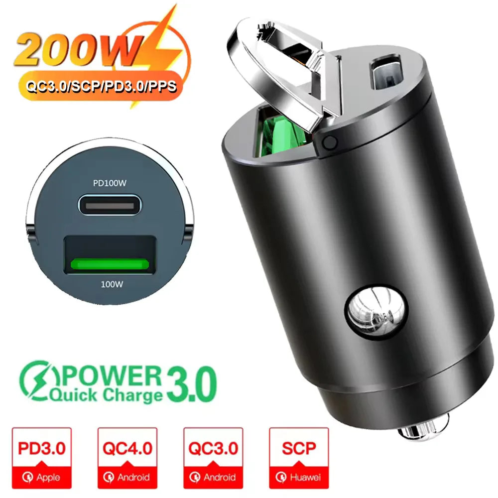 Mini Aluminum Car Charger, USB-C and USB Fast Charging up to 30W, Charges 2 Devices, Fits 12V and 24V Sockets