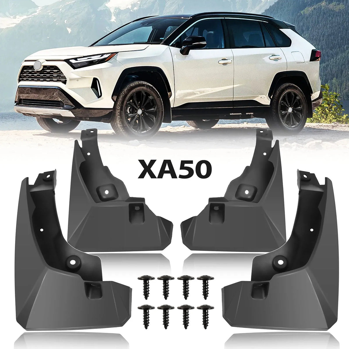Molded Mud Flaps for Toyota RAV4 2019-2025 (XA50), Set of 4 Rigid Paintable Plastic Splash Guards with Screws