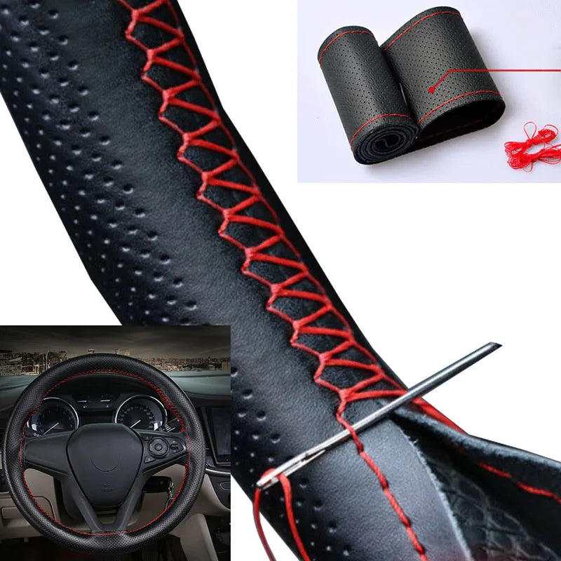 Hand-stitched cover on a steering wheel with red stitching