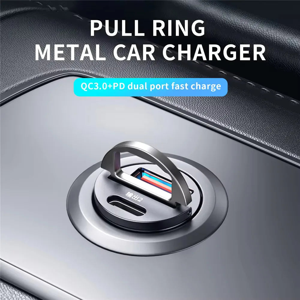 Mini Aluminum Car Charger, USB-C and USB Fast Charging up to 30W, Charges 2 Devices, Fits 12V and 24V Sockets