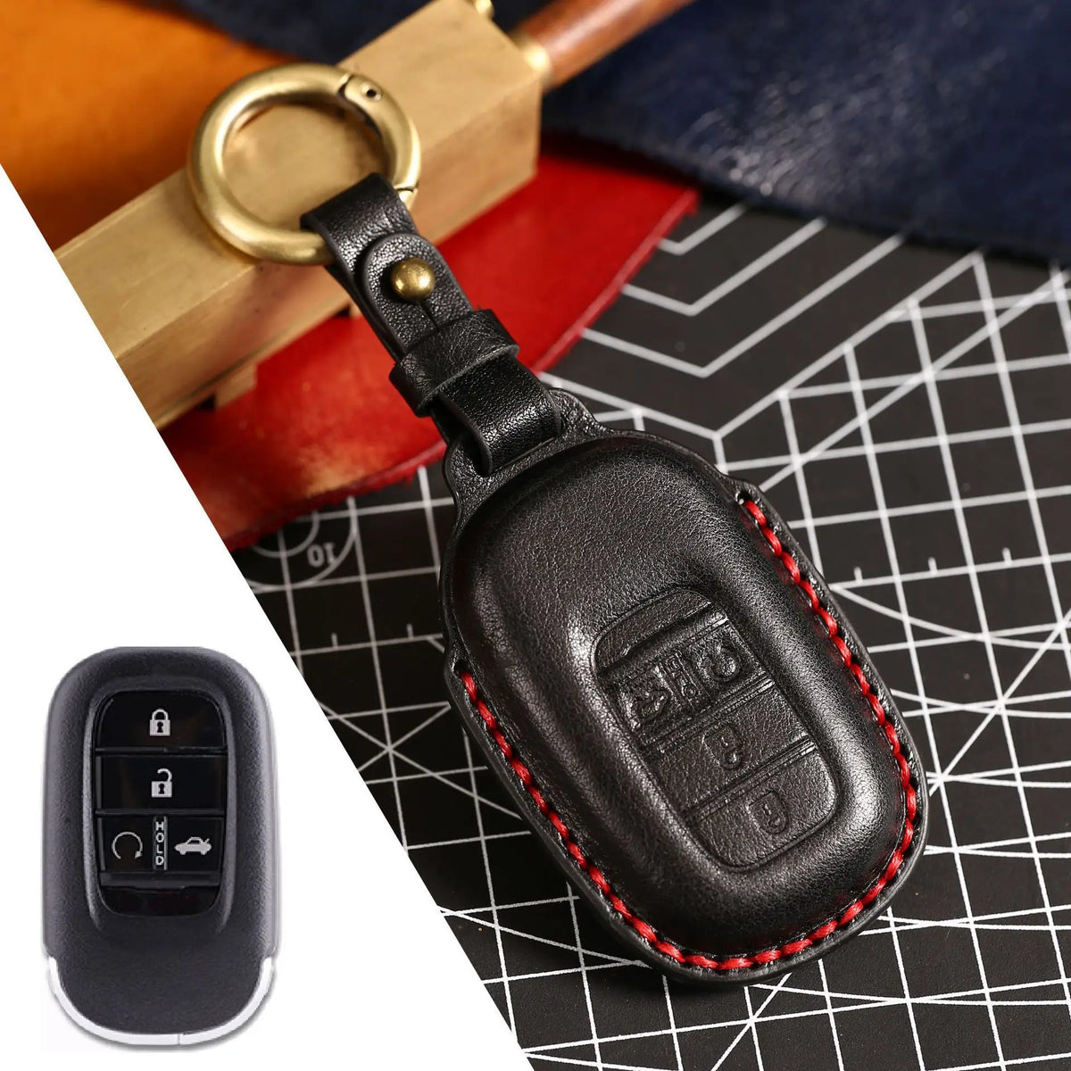 Key Fob Cover for Honda Civic 11th Gen Smart Keys, Stitched Leather Key Case with Buckle, 3 or 4-Button, 4 Colors