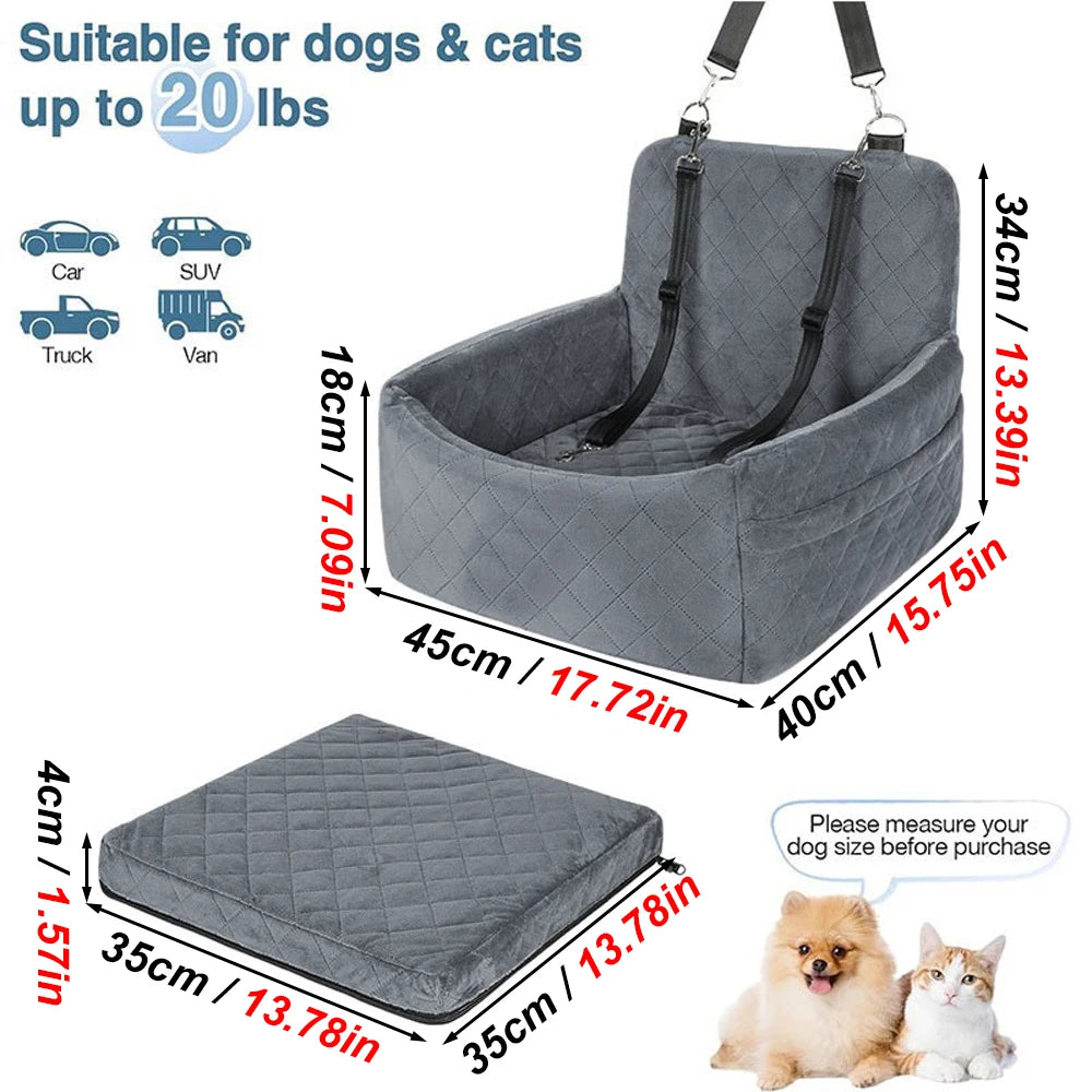 Warm Portable Dog Car Seat for Small and Medium Dogs, Washable Cushion Bed with Belt Strap and Storage Pocket, Black or Gray