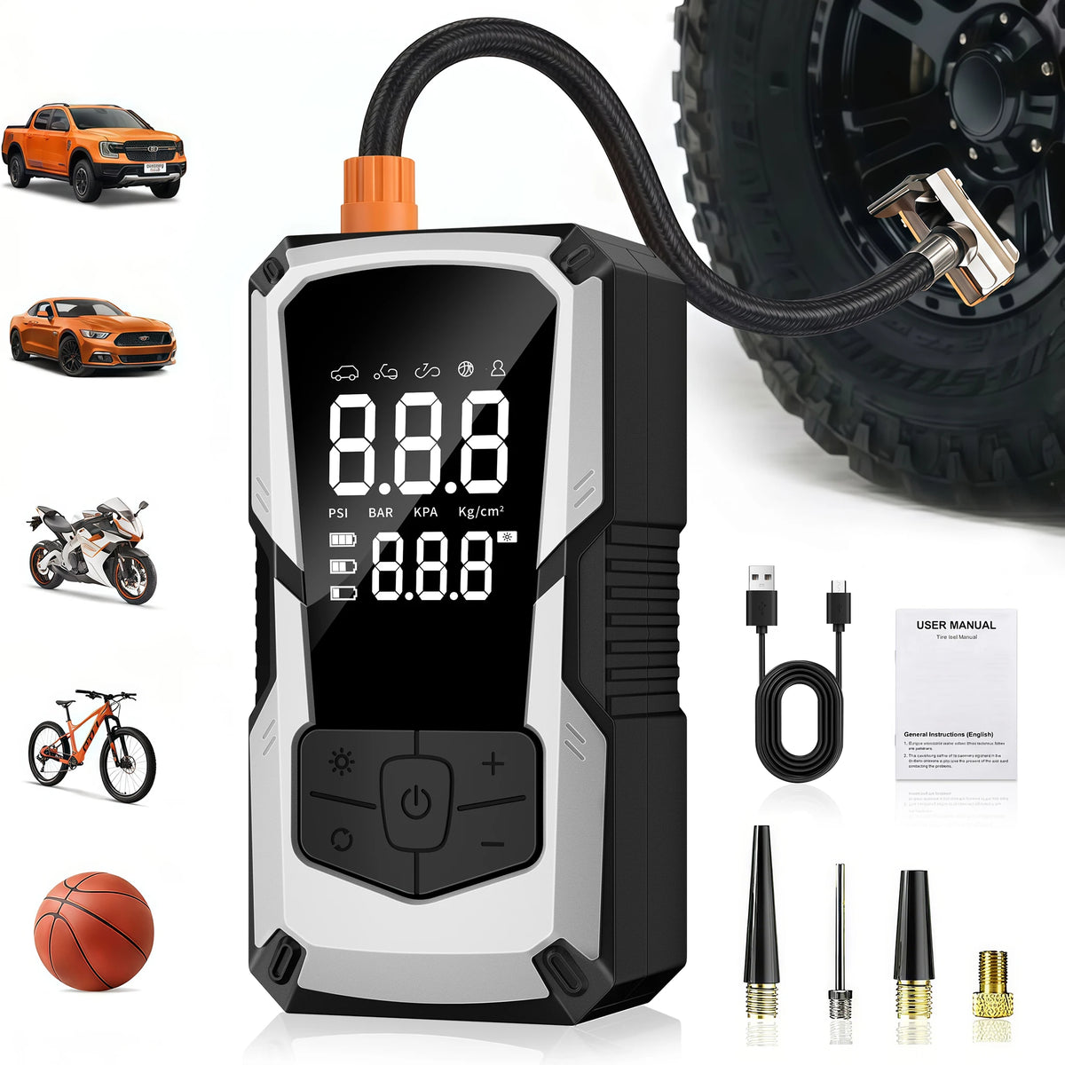 Dual-display tire inflator with silver front bezel, USB-C cable, adapters and manual
