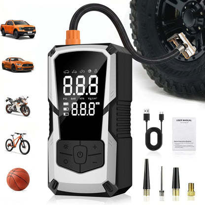 Dual-display tire inflator with silver front bezel, USB-C cable, adapters and manual