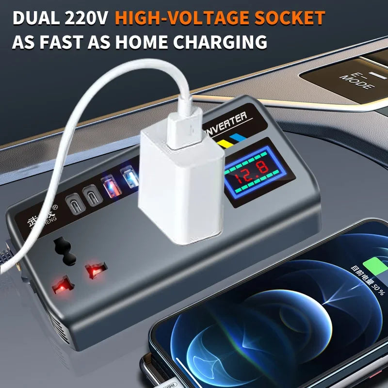 200W Car Power Inverter, 12V to 110V AC Outlets with USB-C PD and QC3.0 USB Ports, Optional Digital Display, for Cars, Trucks, SUVs and RVs