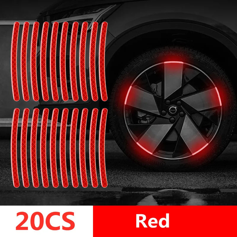 20 red reflective wheel rim strips and a wheel with them applied