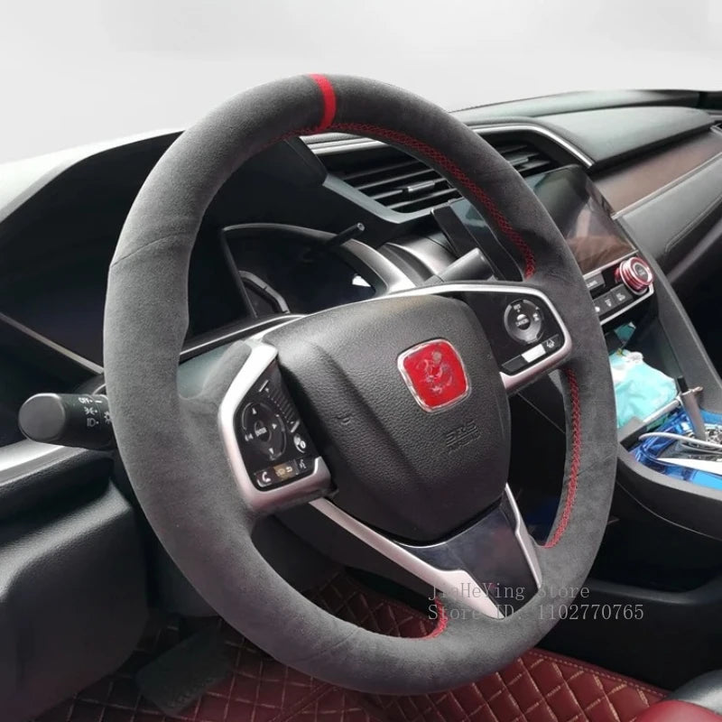 Steering Wheel Cover for Honda Civic (11th Gen), Hand-Sewn Suede and Leather Wrap with Needle and Thread, 5 Styles