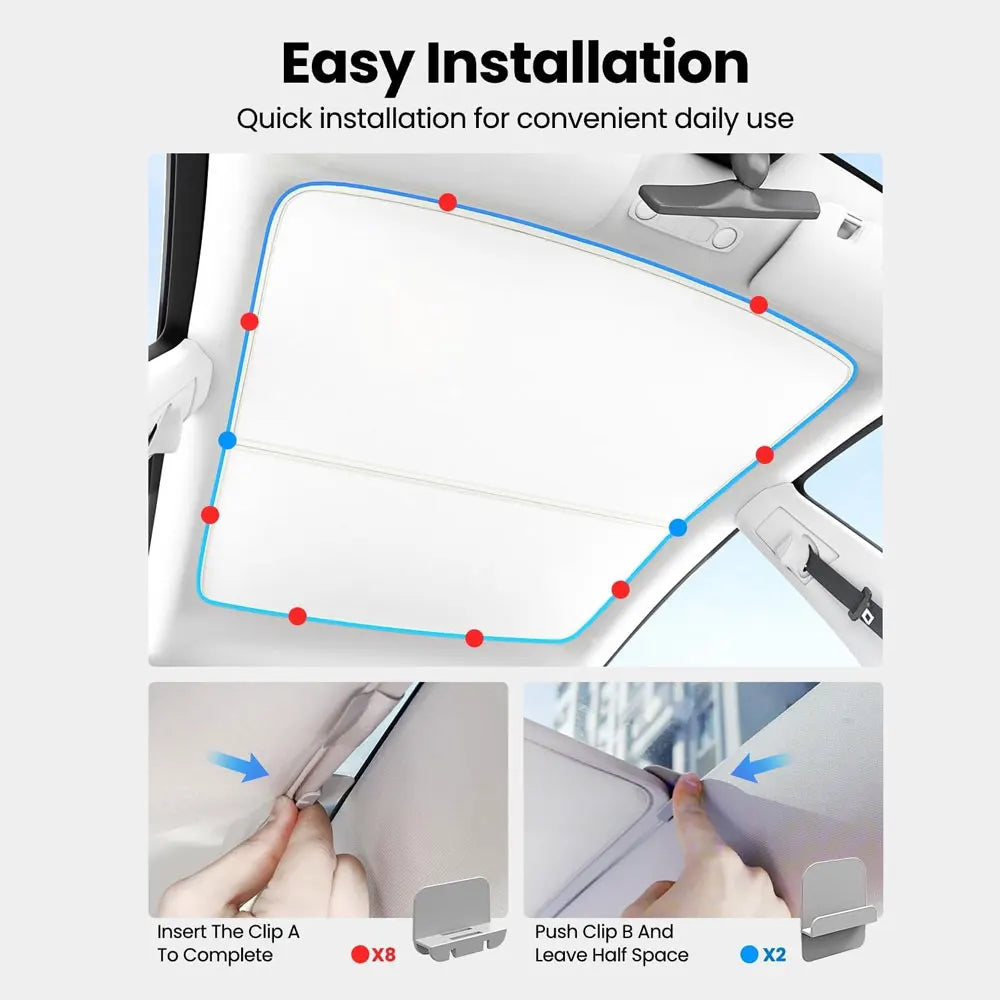 Glass Roof Sunshade for Tesla Model Y 2020-2024 and Juniper, Model 3 2017-2023 and Highland, Clip-On Shades in Black, White or Blue