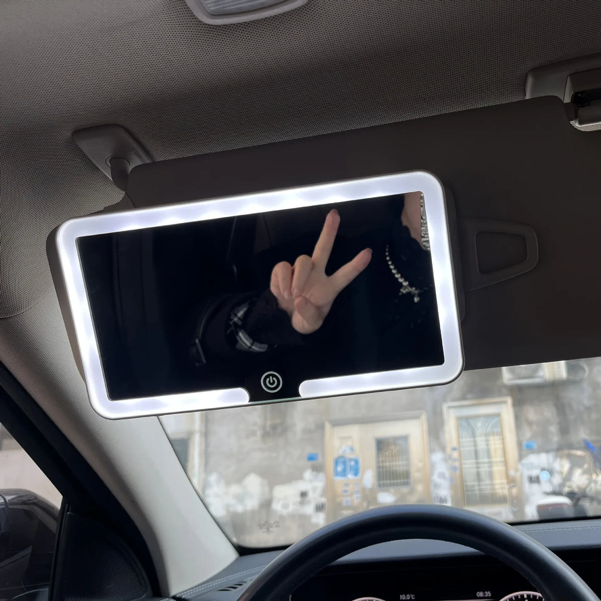 Car Sun Visor Vanity Mirror with LED Lights, Touch Control and Adjustable Brightness, Rechargeable, Elastic Strap Mount, White