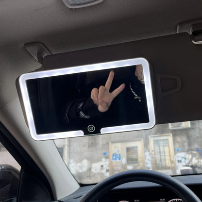 Car Sun Visor Vanity Mirror with LED Lights, Touch Control and Adjustable Brightness, Rechargeable, Elastic Strap Mount, White