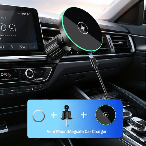 Magnetic Wireless Car Charger and Vent Mount with LED Light Ring, Fast Charging for iPhone 12 and Newer, With or Without Cable